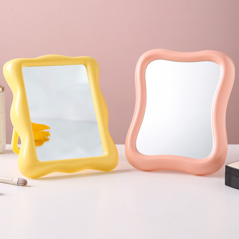 塑料INS奶油黄色波浪纹不规则异形桌面化妆镜网红博主卧室装饰镜