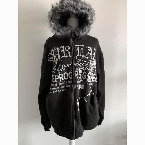 Vintage Black Hooded Sweatshirt with Letters, Autumn/Winter Dark Punk Padded Zip-Up Hoodie Sweatshirt with Wool Collar