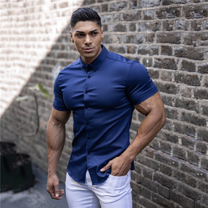 Muscle Men's Fitness Short-sleeved Lapel Shirt Stretch Thin Solid Color Sports Casual Cardigan Trendy Business Non-iron Shirt