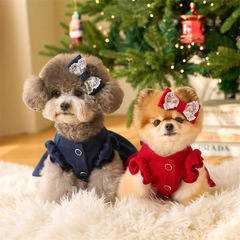 圣诞新年中小型犬小狗猫咪双面妮子蝴蝶结连衣裙宠物服饰+头饰
