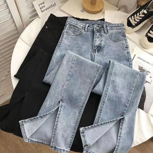 Stylish versatile legging pants with split hem, high-waisted, stretch denim for women, student  new micro bell-bottom wide-leg pants for summer