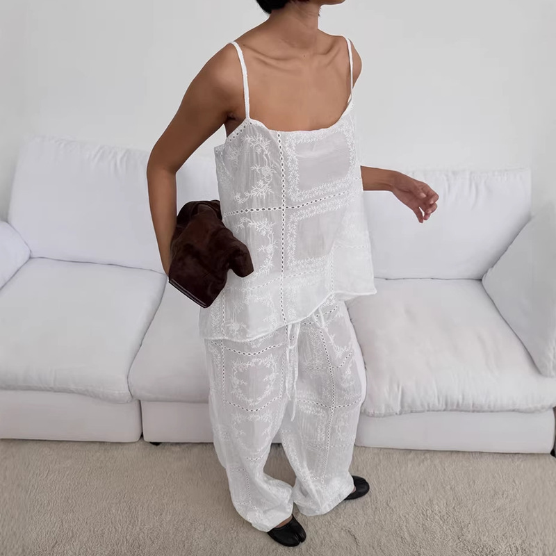 European and American Style Hollow-Out Embroidered Camisole Top and Wide-Leg Pants Two-Piece Set for Women, Summer Lazy Style, Elegant White Vest Set
