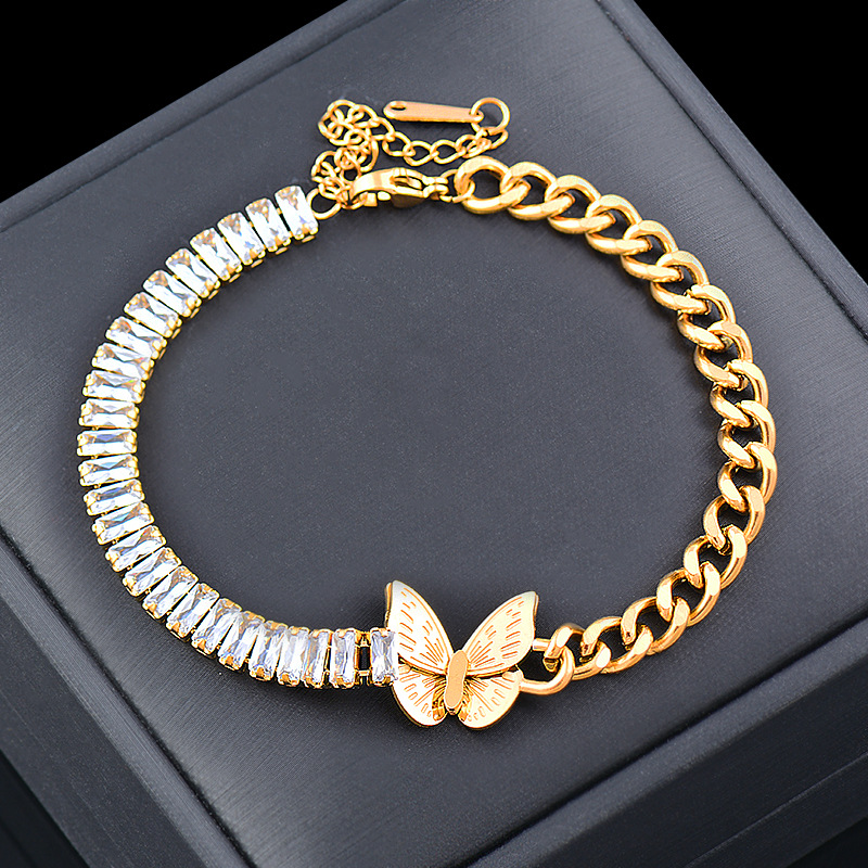 Sweet Butterfly Titanium Steel Inlay Zircon Bracelets 1 Piece