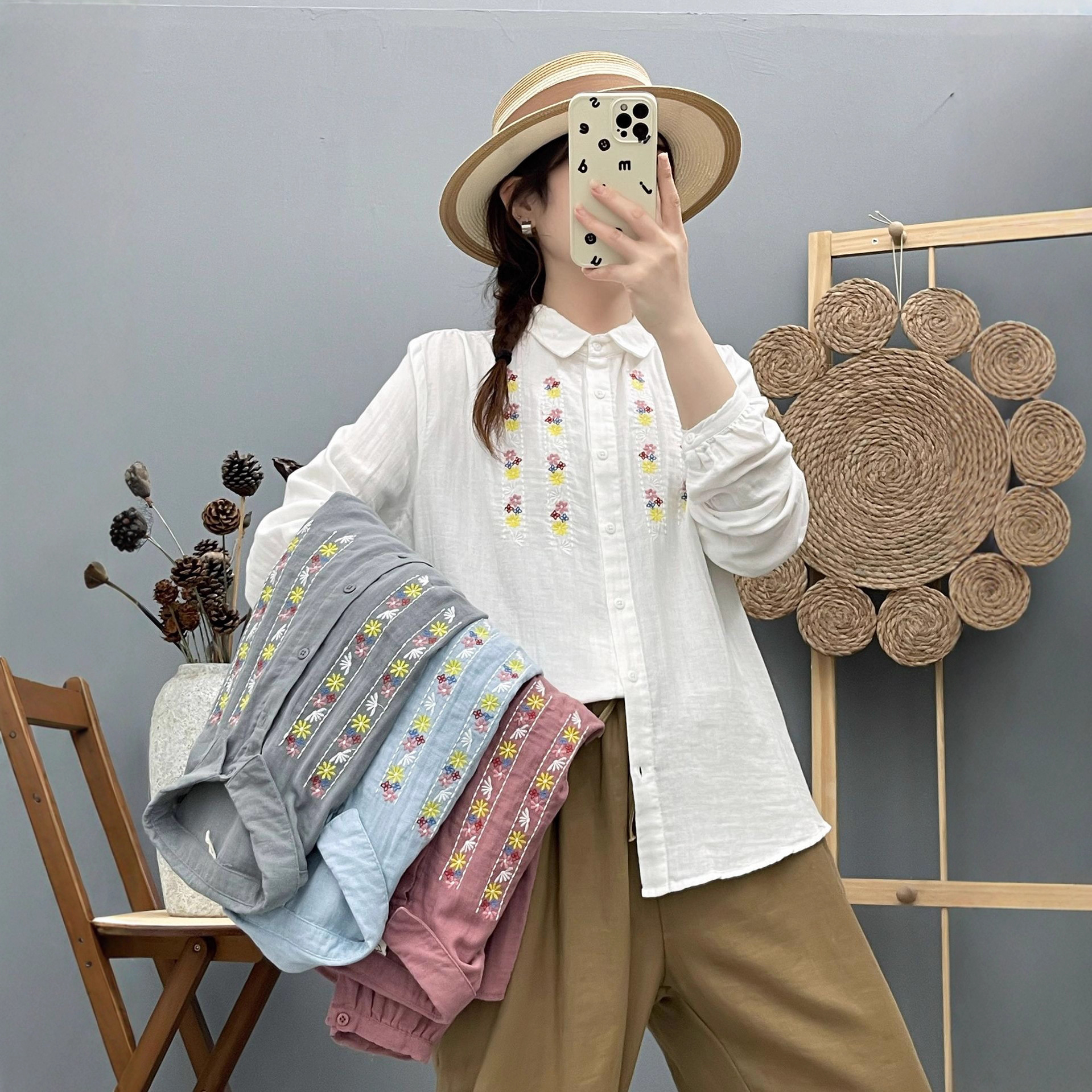 双层棉纱长袖衬衣女 森系文艺花朵刺绣柔软亲肤纯棉宽松衬衫上衣