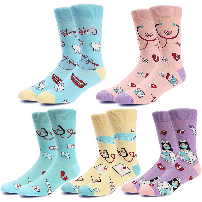 Fashion Women's Socks for Export, European and American Cross-Border Popular International Nurses' Day Dentist Jacquard Mixed Color Mid-Tube Cotton Socks