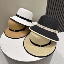 法式复古感纯色金属扣织带包边草帽日常气质款沙滩帽度假出游草帽