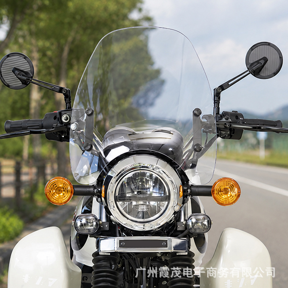 Suitable for Kawasaki W230/MEGRO S1, this is a retro-style, height-increasing front windshield cover, a transparent accessory for motorcycle modification