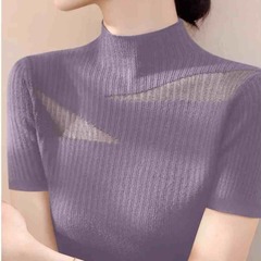 リヨセルテンセルハーフタートルネックスリム半袖セーター女性の夏の新しいレースメッシュアイスシルクパープルトップ