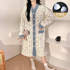 秋冬季空气棉夹层带胸垫月子待产裙孕妇哺乳喂奶孕产妇睡裙