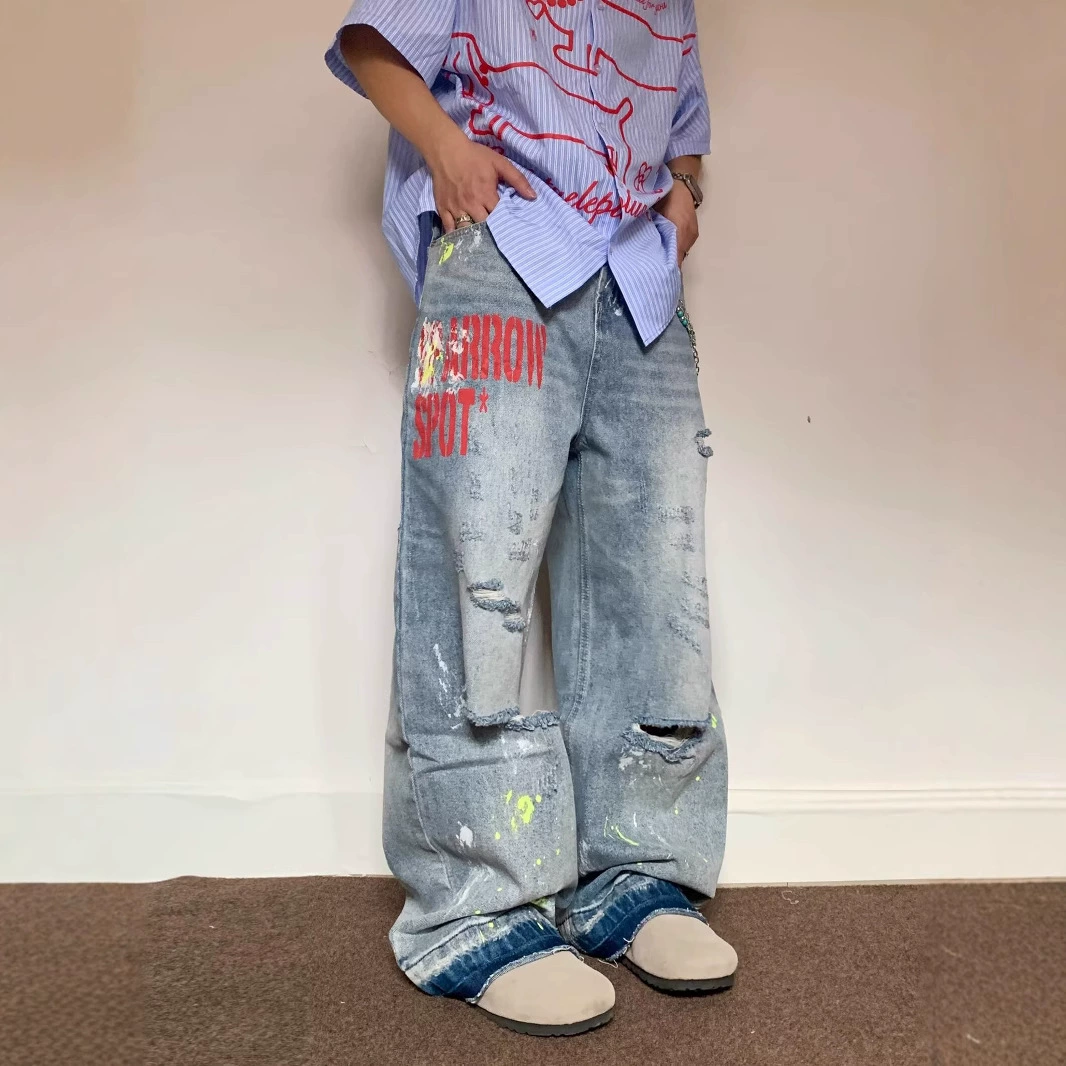 Американский ретро вымытые вышивка чернильные брызги дыры джинсы для мужчин и женщин 2025 весенний дизайн свободные широкие брюки