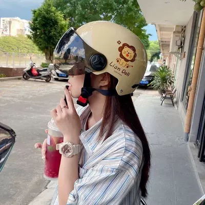 Cartoon Cat New Certified Electric Vehicle Helmet for Women, Winter Season, Four Seasons, New National Standard Motorcycle Safety Half Helmet, Cute (Motosiklet kaskı (dəbilqə)) - khaki-color-cute-little-lion3c-new-national-standard-brown-short-style