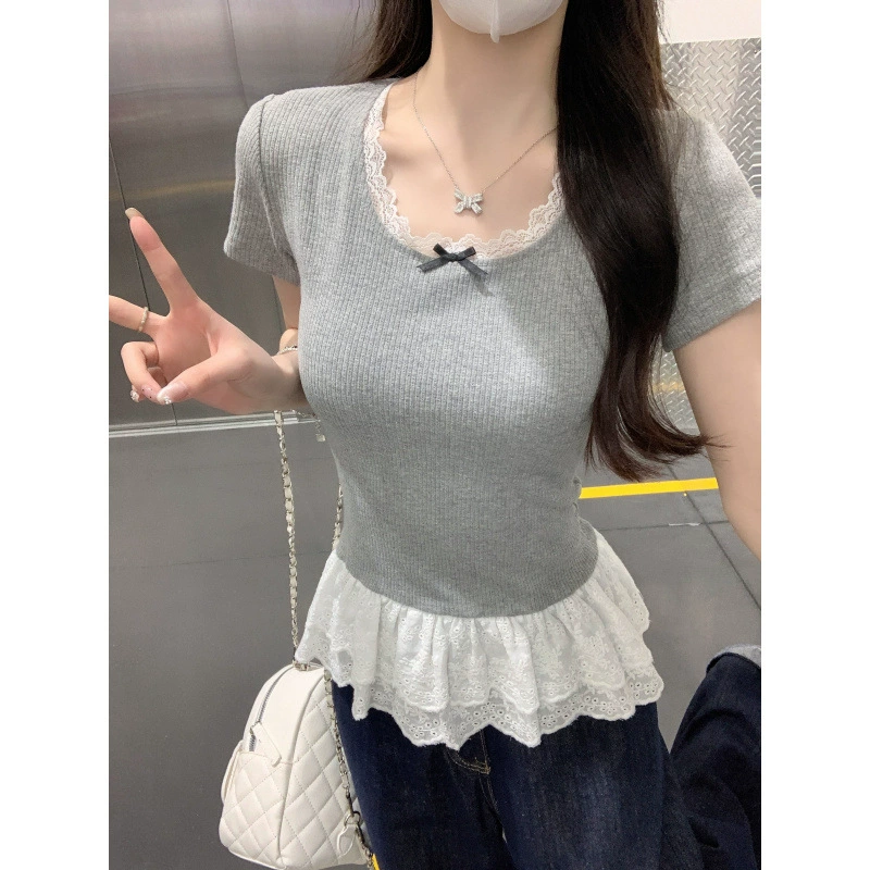 Реальный снимок и реальная цена. Женская футболка с короткими рукавами и бантом, летняя тонкая рубашка с кружевным дизайном на правое плечо, топ