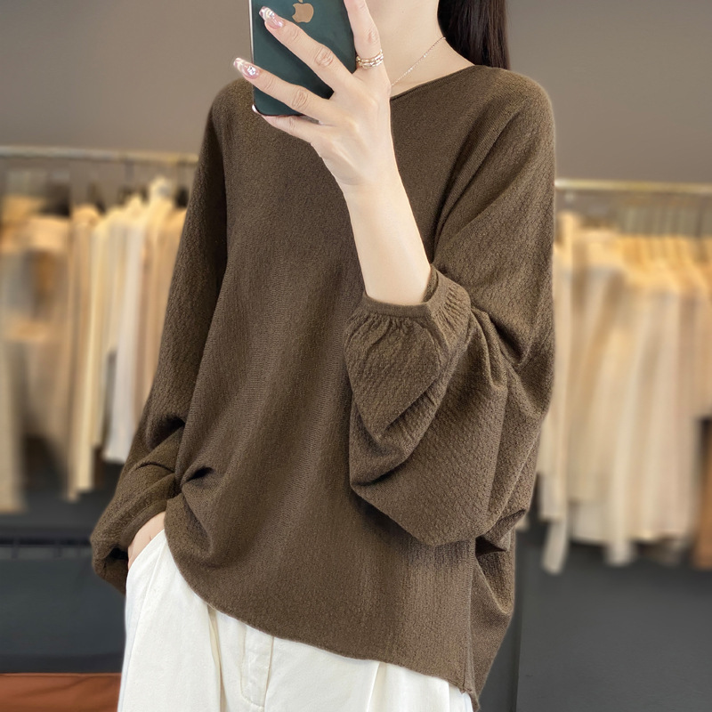 Spring summer woolen knitted sweater with a round collar