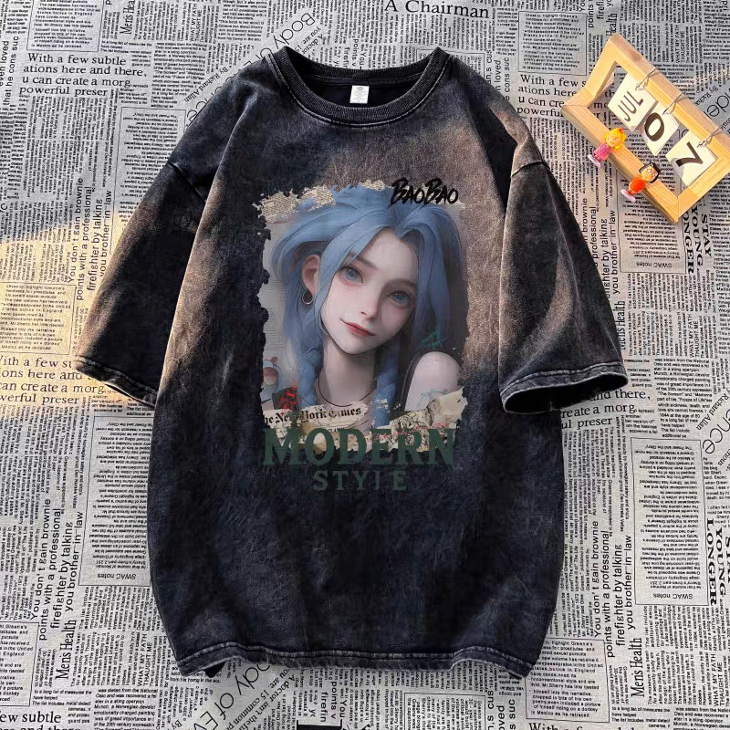 アメリカンヘビーウェイトピュアコットンウォッシュ加工ダメージ半袖Tシャツメンズ夏ルーズ半袖ハイストリートTシャツボトリングシャツトレンディブランド|undefined