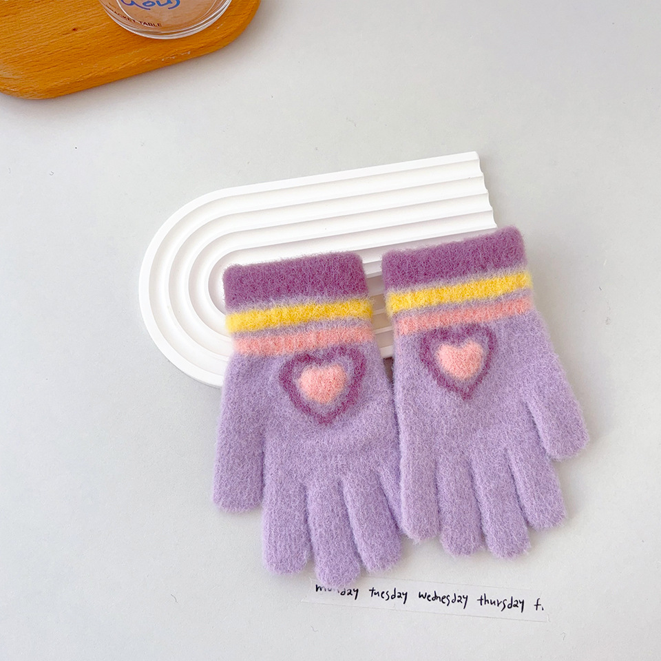 Nuevos guantes cálidos para niñas a rayas de amor a prueba de frío y engrosamiento en invierno, los niños tejen en bicicleta para jugar con la nieve y escribir cinco dedos