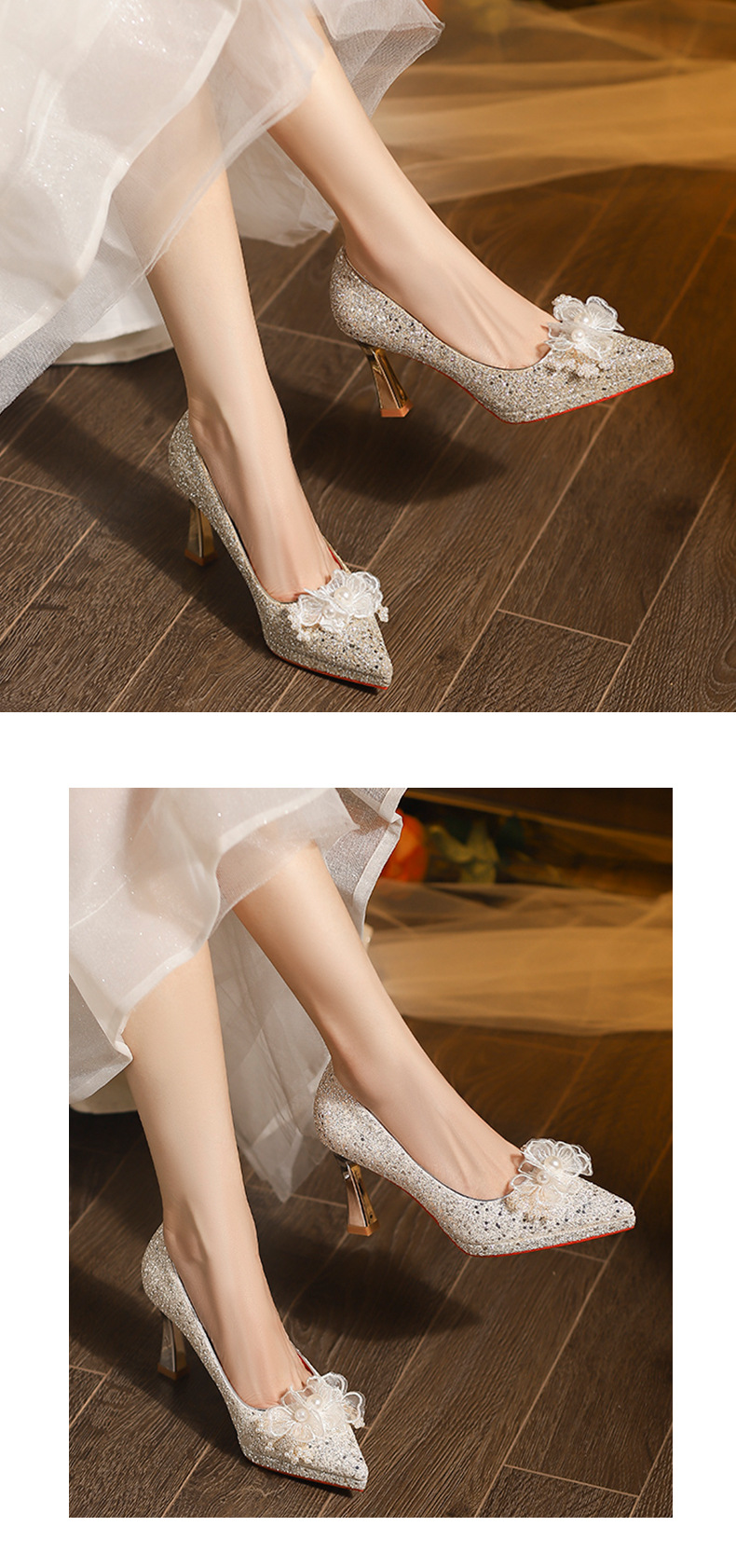 Giày cao gót mũi nhọn đính hoa sequin một dây stiletto — sâm panh chi tiết 7