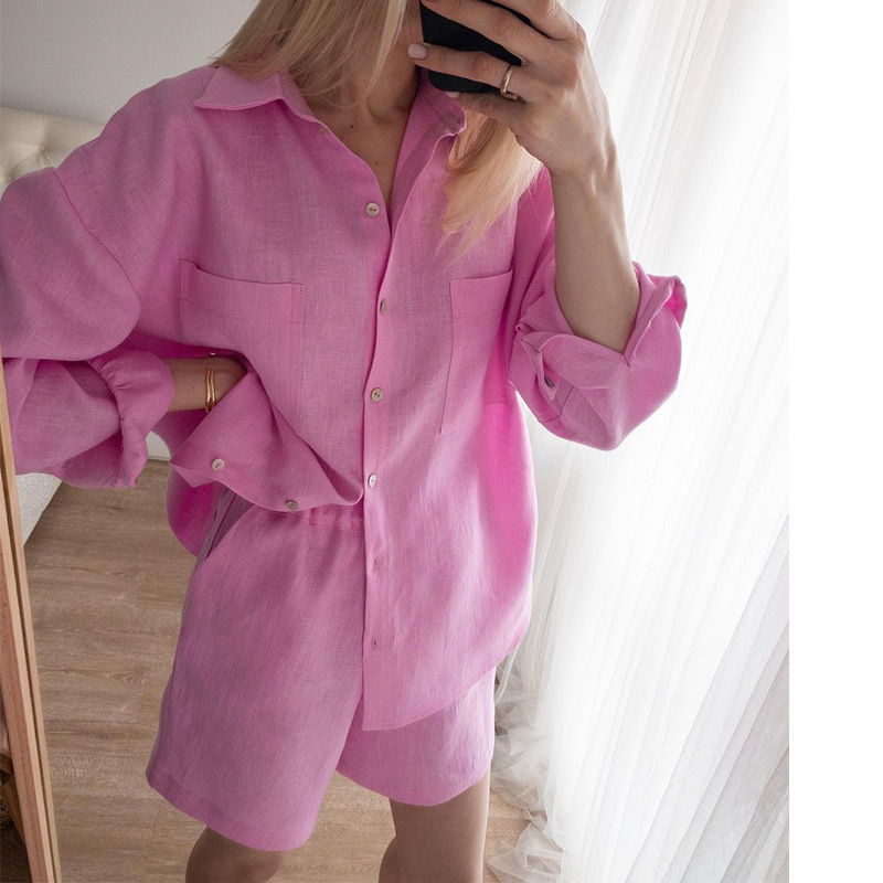 long sleeve loose high waist solid color cotton and linen shirt and shorts two-piece set NSONF136855