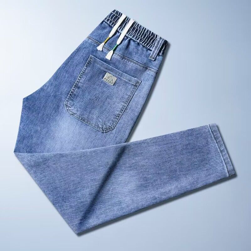 Jeans, men's leggings, slim fit, versatile casual elastic waist drawstring, fashionable Harlan pants, dad pants_voghion.com
