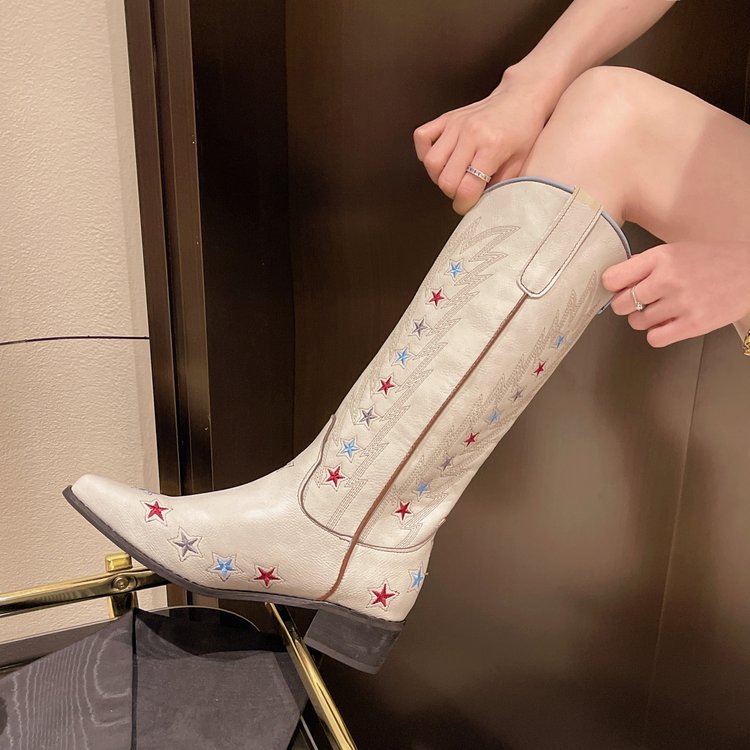 Women's Shoes Retro embroidered pointed toe western cowboy boots for women new large size thick heel knight boots not over the knee boots_voghion.com