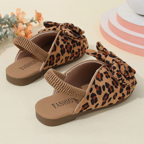 New leopard print girls' summer sandals fish mouth slippers with soft bottom, bowknot head cover, princess style, casual and fashionable