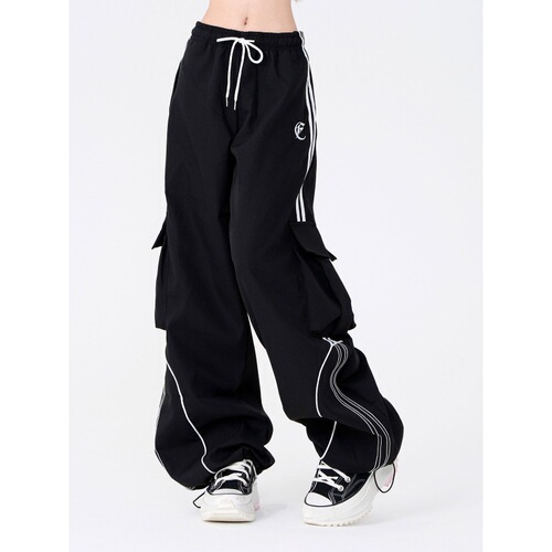 Streetwear Black Rope Drawstring Wide Leg Loose Casual Work Pants with Pockets for Women Spring Trend Brand Hip-Hop Floor-Length Pants