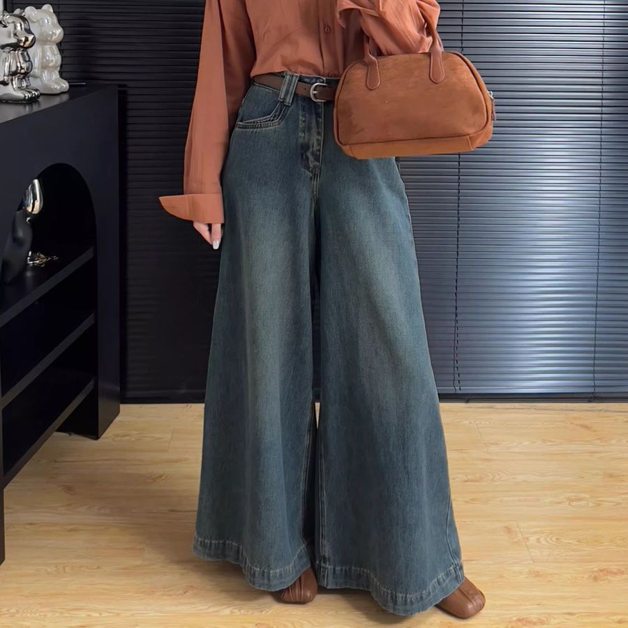 加绒加厚2025冬季新款复古牛仔裤女高腰显高显瘦百搭宽松阔腿时尚