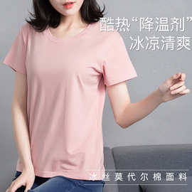 春夏款冰丝莫代尔棉舒适清凉纯色基础版搭配圆领女士T恤莱卡棉