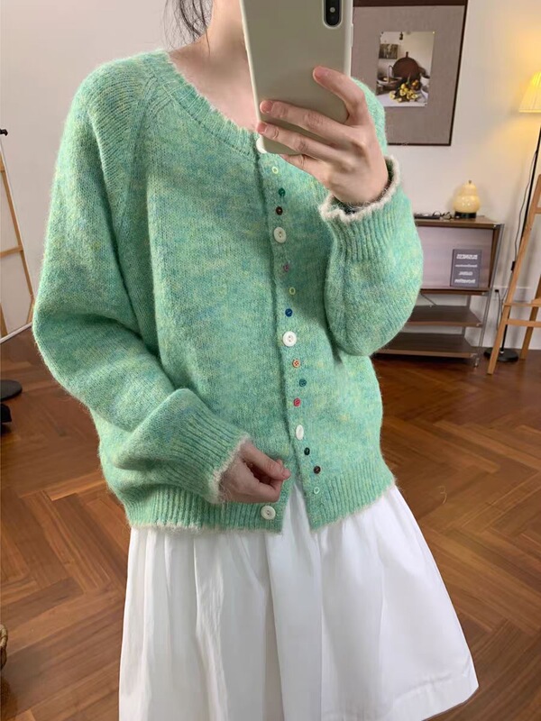 韩版彩扣撞色软糯百搭针织开衫女2025秋冬新款宽松显瘦圆领毛衣潮|undefined