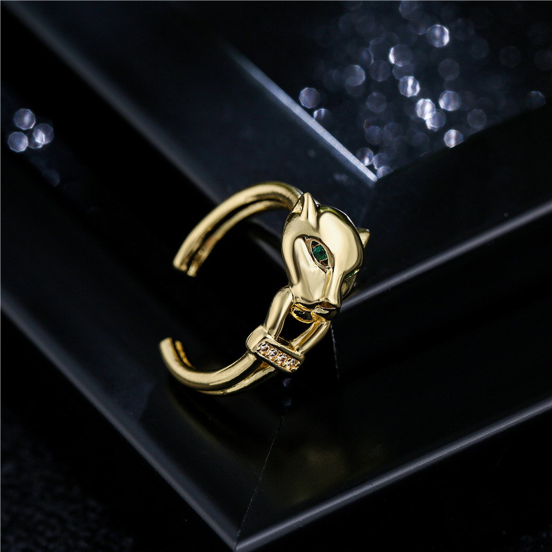 Aogu Cross-Border Supply Copper Plating 18K Gold Open Leopard Shape Ring Female Micro Inlaid Zircon 