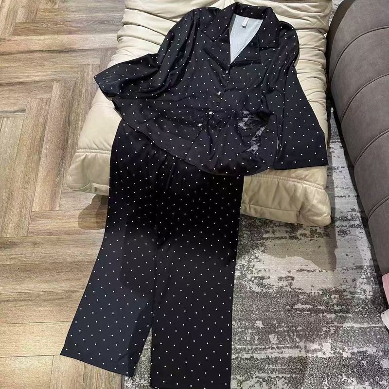 睡衣女冰丝秋冬新款波点长袖蕾丝高级感蝴蝶结家居服套装可外穿|undefined