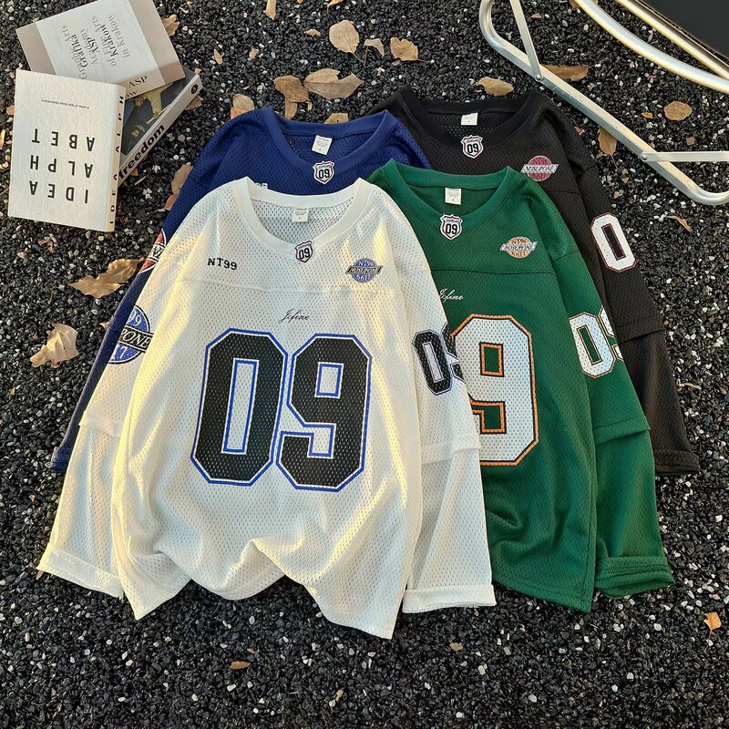 American Street Style V Neck Long-Sleeved T-Shirts for Men and Women in Autum Mesh Breathable Sports Couple Tops Trendy Brand Retro Jerseys
