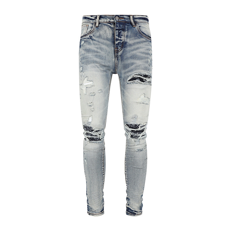 European and American High Street Fashion Brand Men's Jeans Blue Slim Fit Ripped Patch Button Placket Men's Jeans