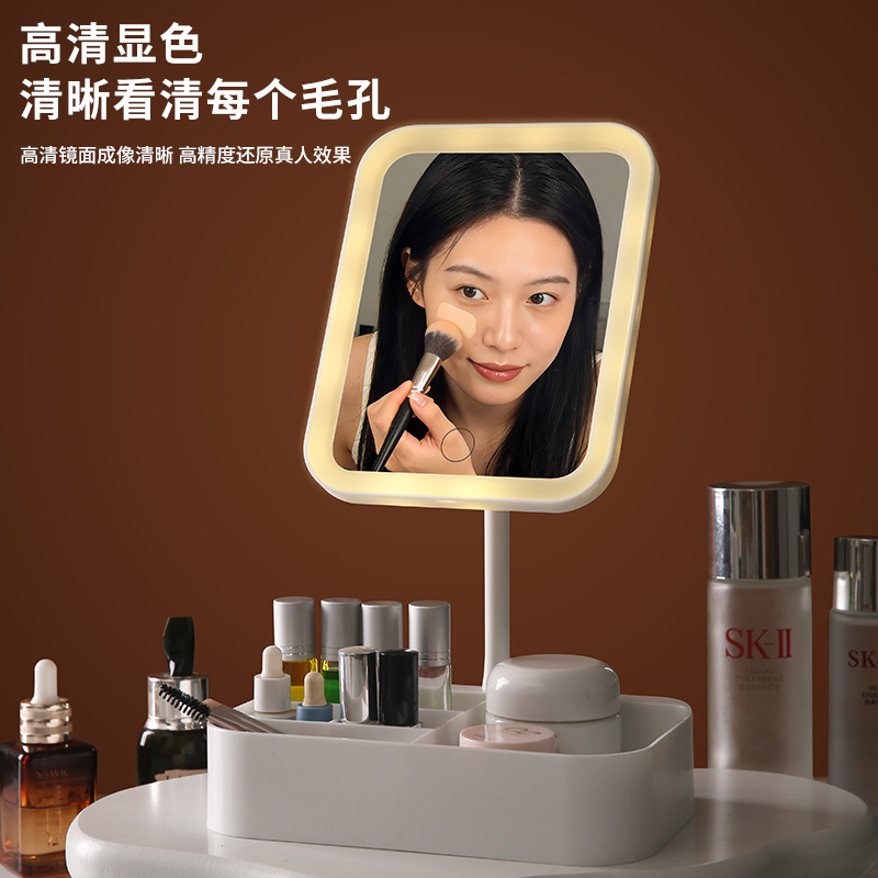 Espejo de maquillaje LED con lámpara de escritorio con fuente de luz tricolor de almacenamiento espejo de relleno de luz espejo de belleza de alta definición dormitorio estudiantil