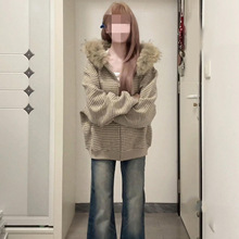 美式复古条纹连帽卫衣外套女秋冬季宽松毛领针织外穿上衣拉链开衫