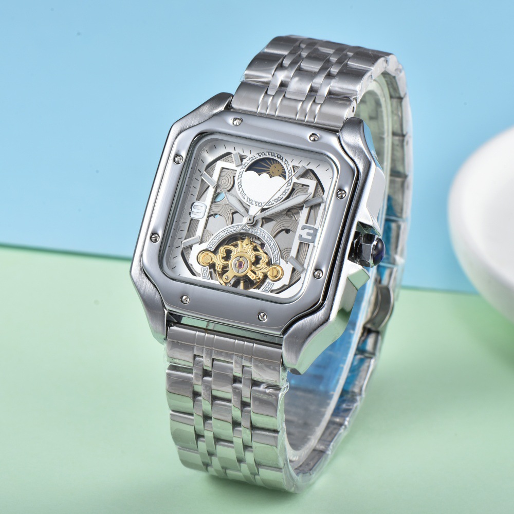 Factory in stock wholesale cross-border trade square light luxury simple through the bottom hollow sun moon star mechanical watch watch men
