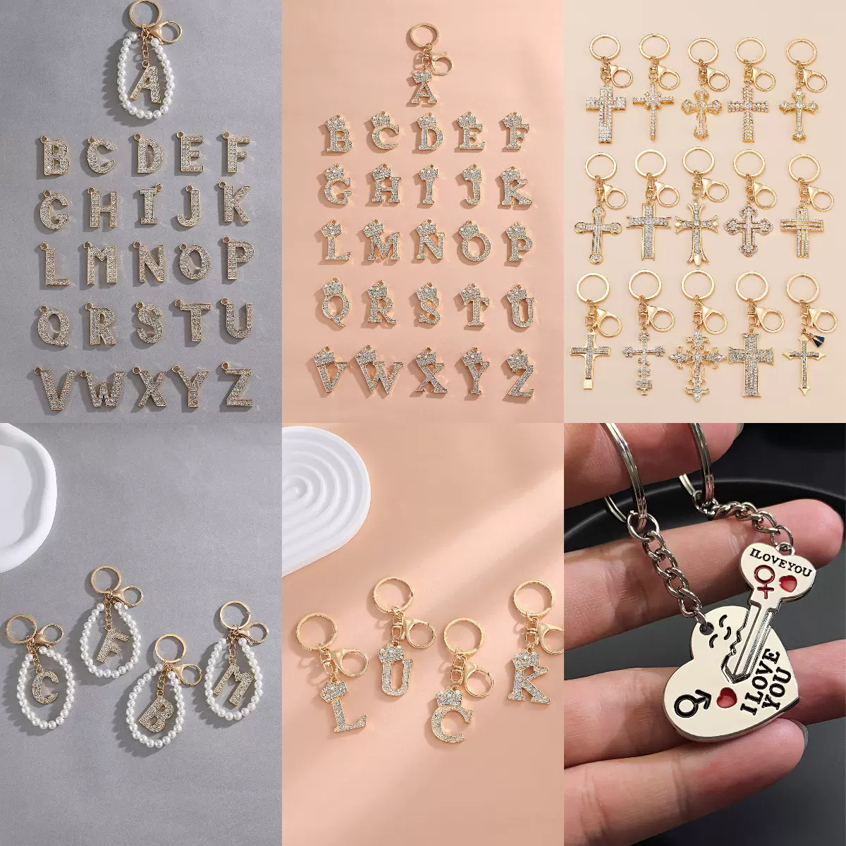 跨境26英文字母镶钻皇冠龙虾扣钥匙扣挂件小饰品珍珠配饰包包配件