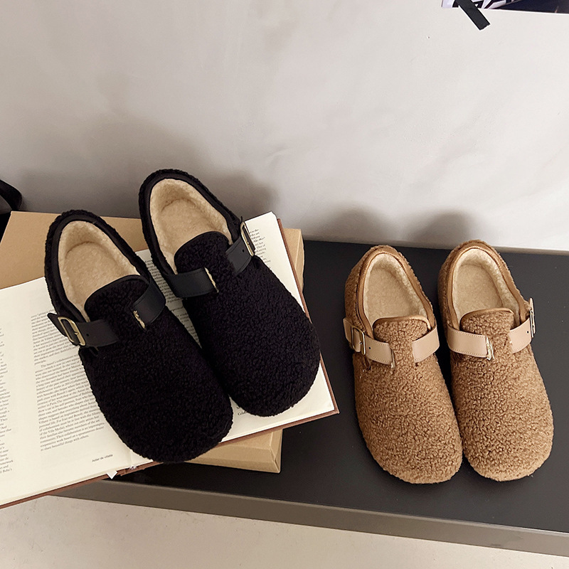2026 Winter New Style Fleece-Lined Thickened Non-Slip Felt Warm Shoes for Women, Comfortable Lazy Cotton Shoes with Belt Buckle Loafers