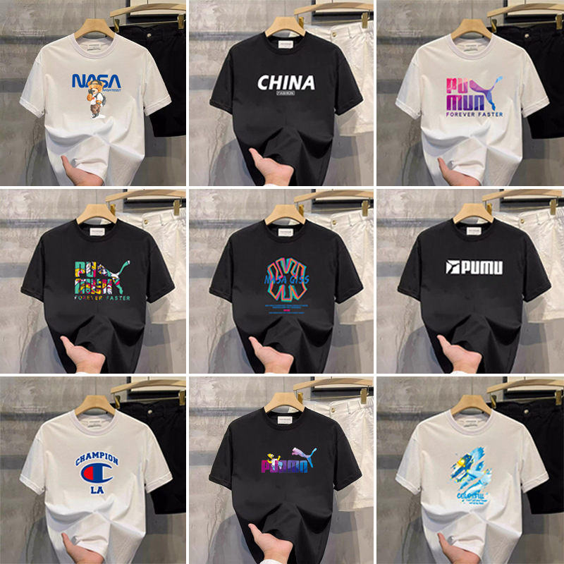Hot Trendy Brand Summer All Cotton Short-sleeved T-shirt Men's Loose Top Fashionable Printed Half-sleeved Top Base Shirt