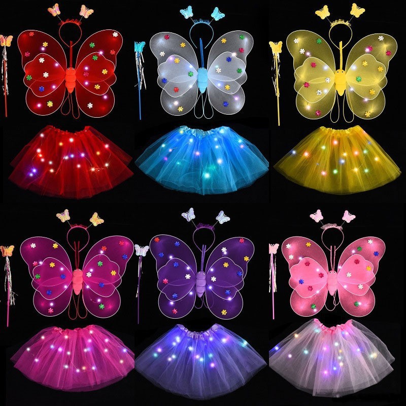 Alas luminosas de mariposa para niña, con luces LED, traje de escenario infantil de cuatro piezas