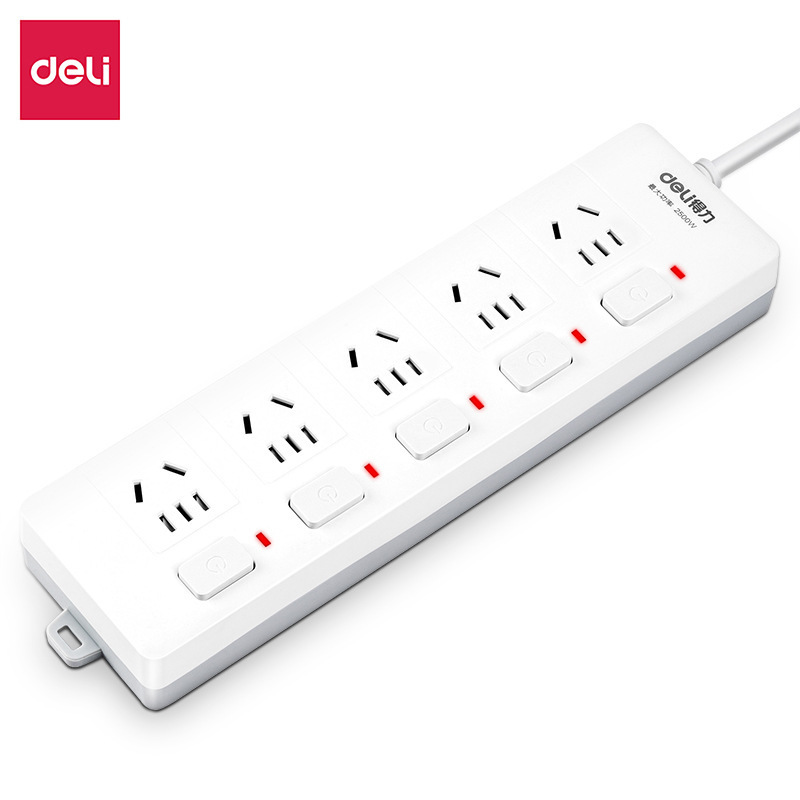 得力18176-03插座3米拖线板PVC袋装分控新国标大功率多孔位排插铜