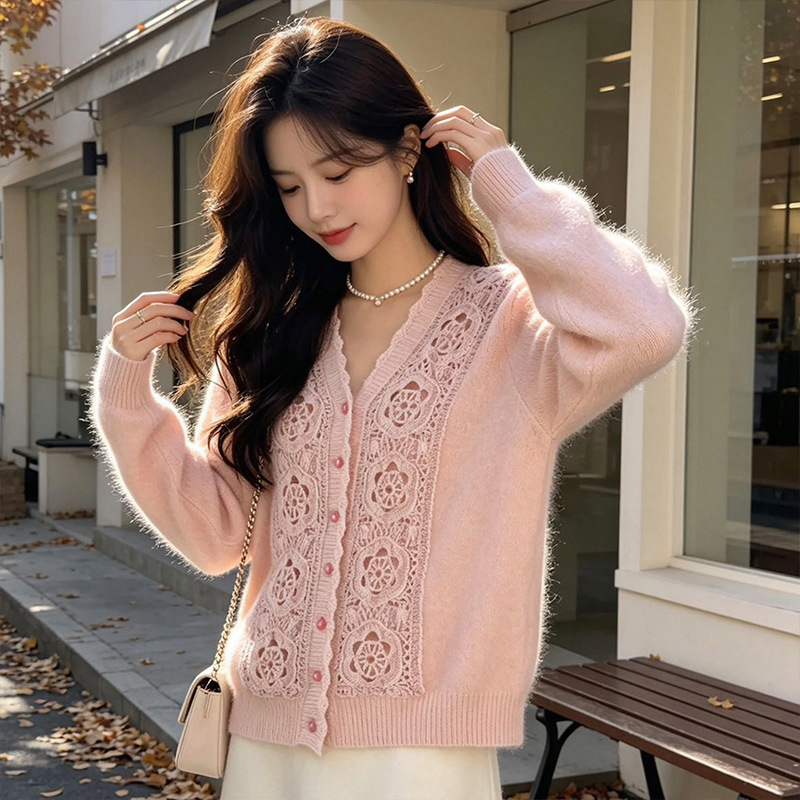 Autumn and winter 5% cashmere sweater, brushed V-neck, lace-trimmed, open-knit cardigan, women's long-sleeved wool sweater, outerwear