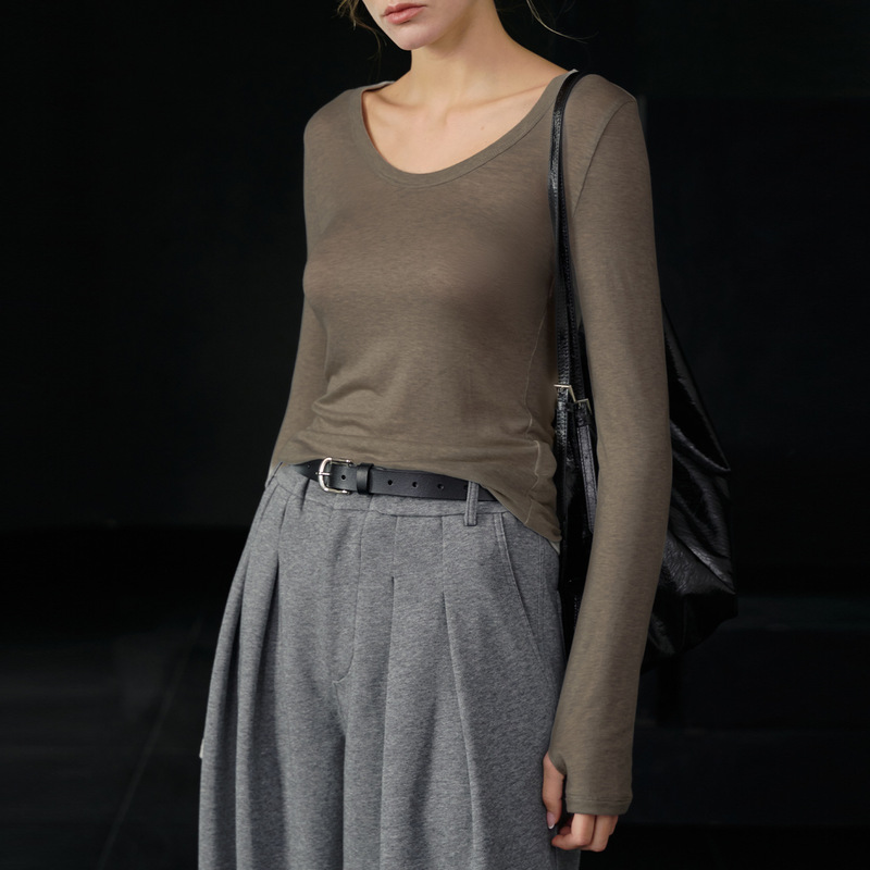 High-End Wool Tencel T-Shirt, Thin Base Layer for Women, Slim Fit, Suitable for Commuting, Warm and Stretchy Long-Sleeve Top