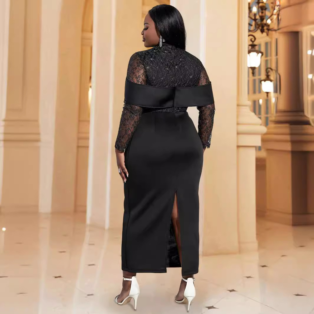 Women's Clothing plus size temperament dress spliced mesh hip wrapped slim dress birthday dress_voghion.com