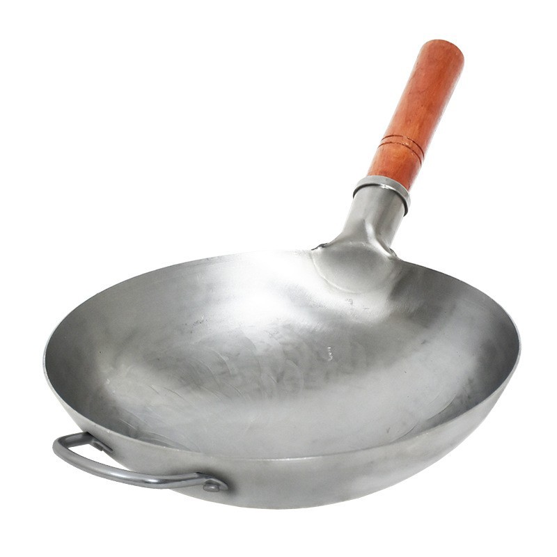 Wok de hierro fundido Zhangqiu para cocinar, sin recubrimiento antiadherente, hecho a mano estilo antiguo, integrado para cocina occidental, con mango de madera, para uso doméstico, venta al por mayor