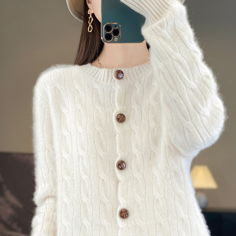 New Autumn and Winter Crewneck Wool Cardigan Women's Snakeskin Buckle Twist Sweater Sheep MAO Sweater Coat Thickened Top