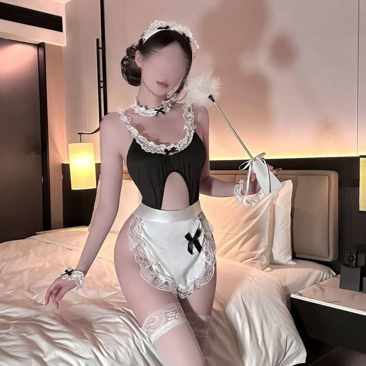 Maid Roleplay Lingerie Set with Open-Crotch Jumpsuit and White Stockings — detail image 1