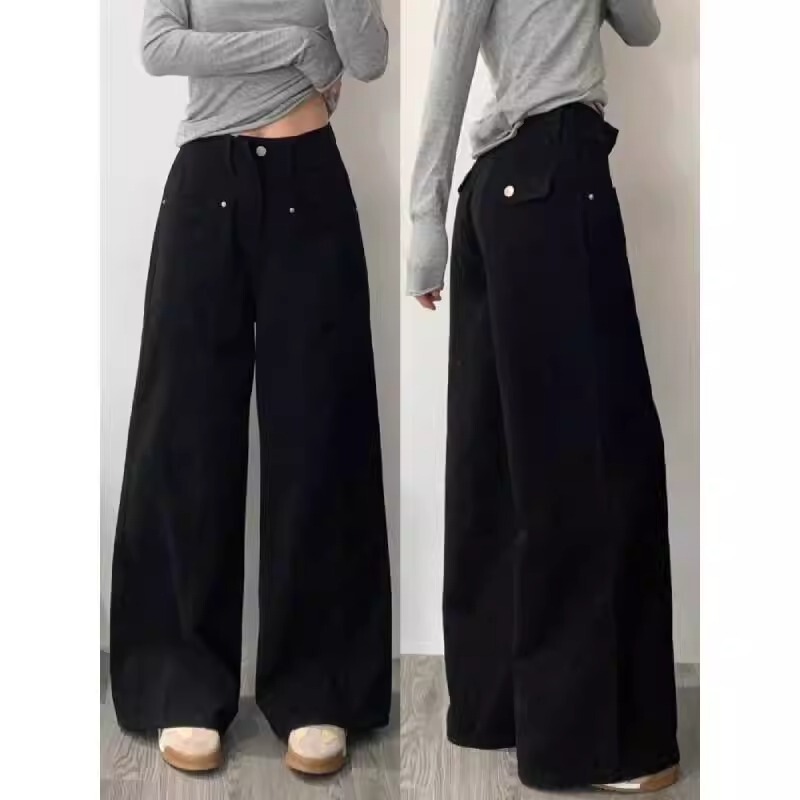 Black Workwear Wide-Leg Jeans Women's Autumn and Winter New chubby girl plus size Slimming Loose Pear-Shaped Figure Straight Pants
