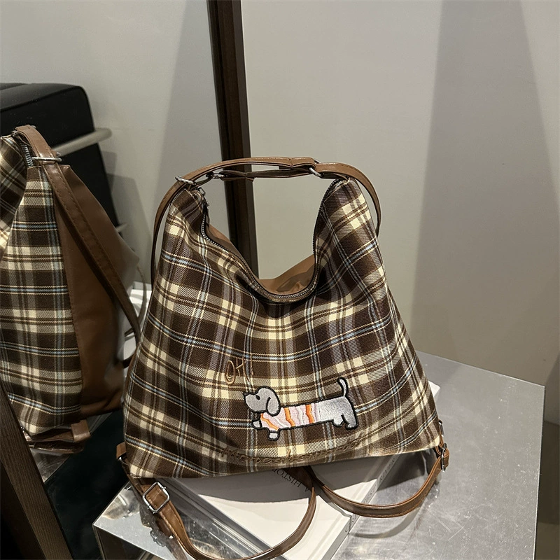 Capacious Convertible Shoulder Bag Backpack, Plaid Pattern with Embroidered Motif, Spacious