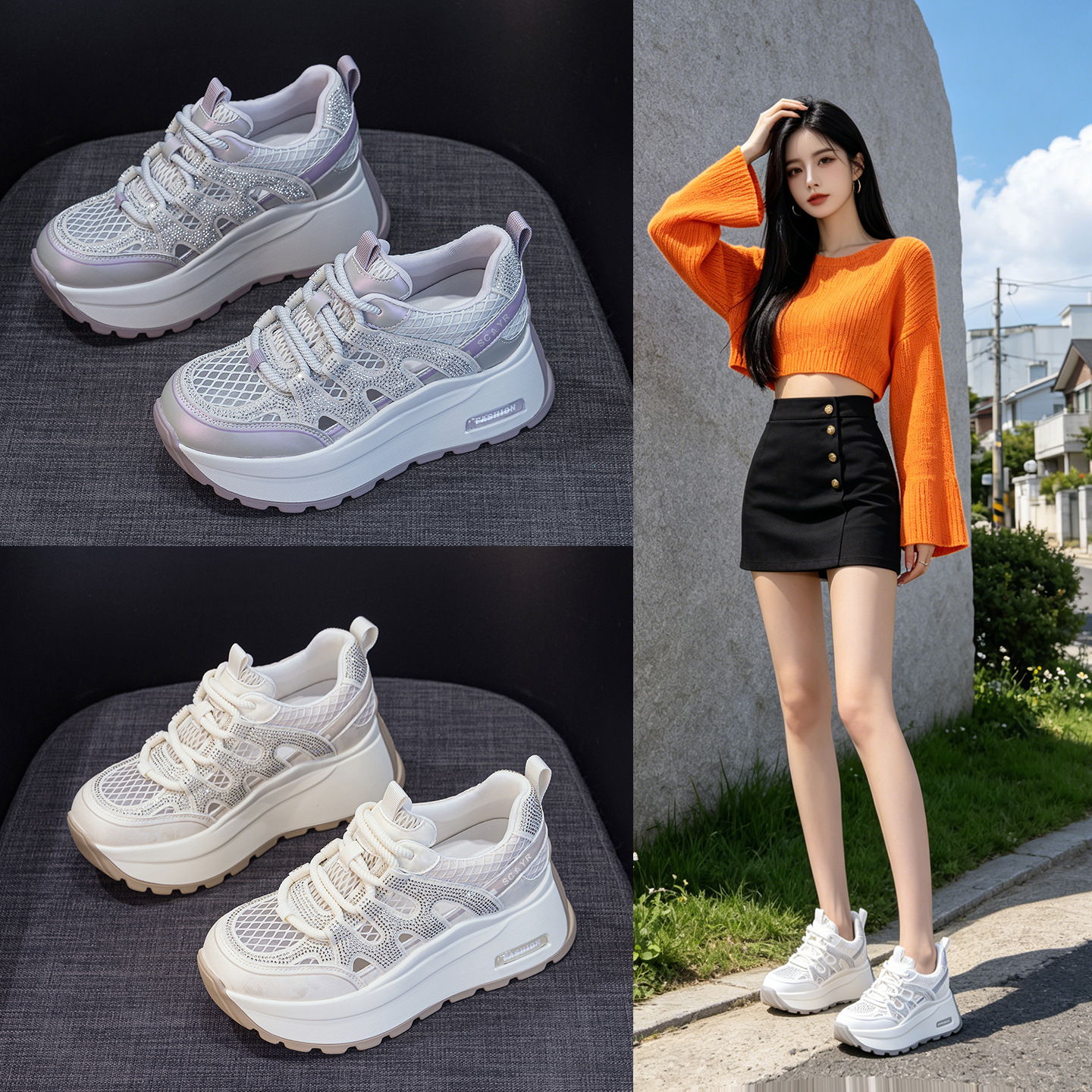 Giày sneaker nữ đế dày lưới thoáng khí phong cách retro — Trắng 5086, Champagne 5086, Tím 5086