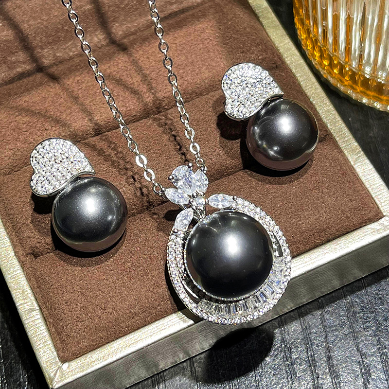 Zhuang Live joyería nueva S925 plata con incrustaciones Aubey Madre de las mujeres europeas y americanas moda gris perlas traje 16mm 14mm